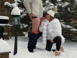 outdoor winter blow-job and jism on her pretty face and