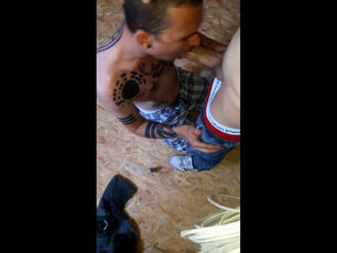 Tatted queer sub gargle on knees